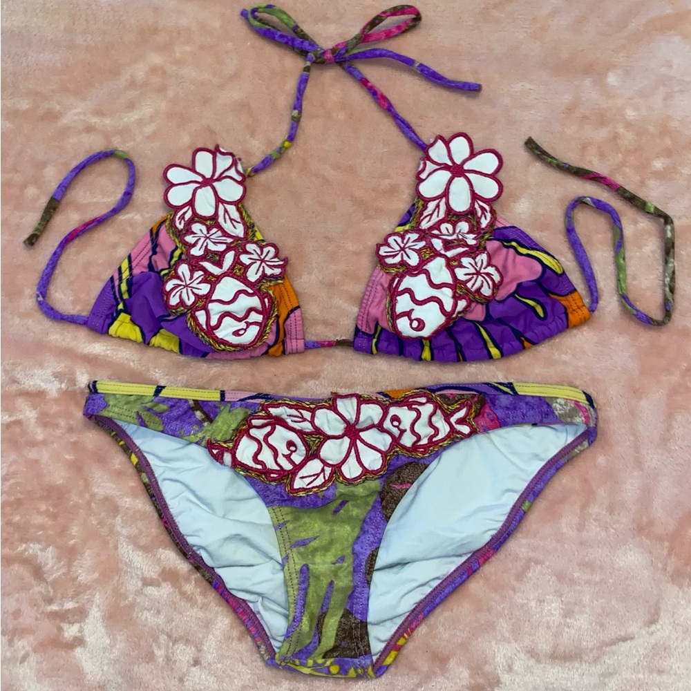 Agua Bendita Floral + Fish Bikini with Purple and Green - Size Small